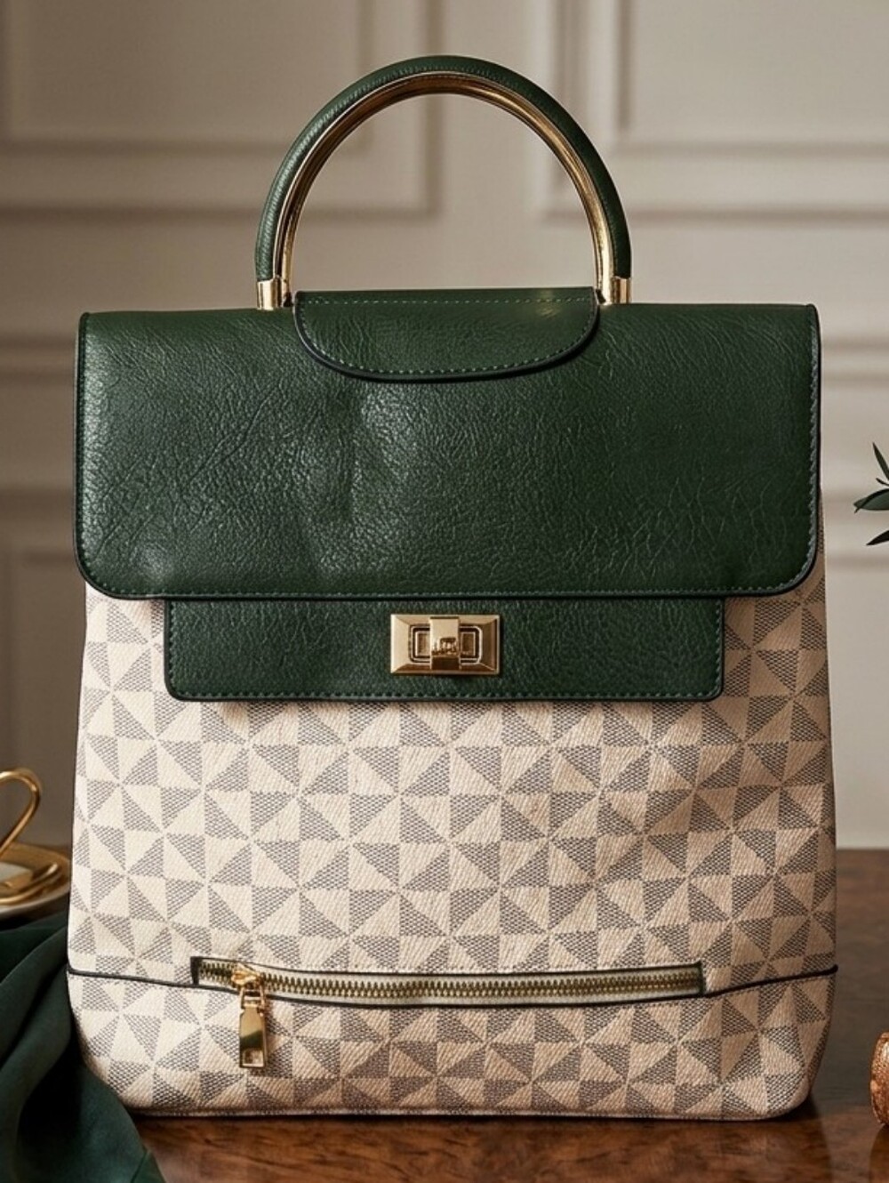 Stylish Beige Monogram Women's Green Colorblock Backpack Purse